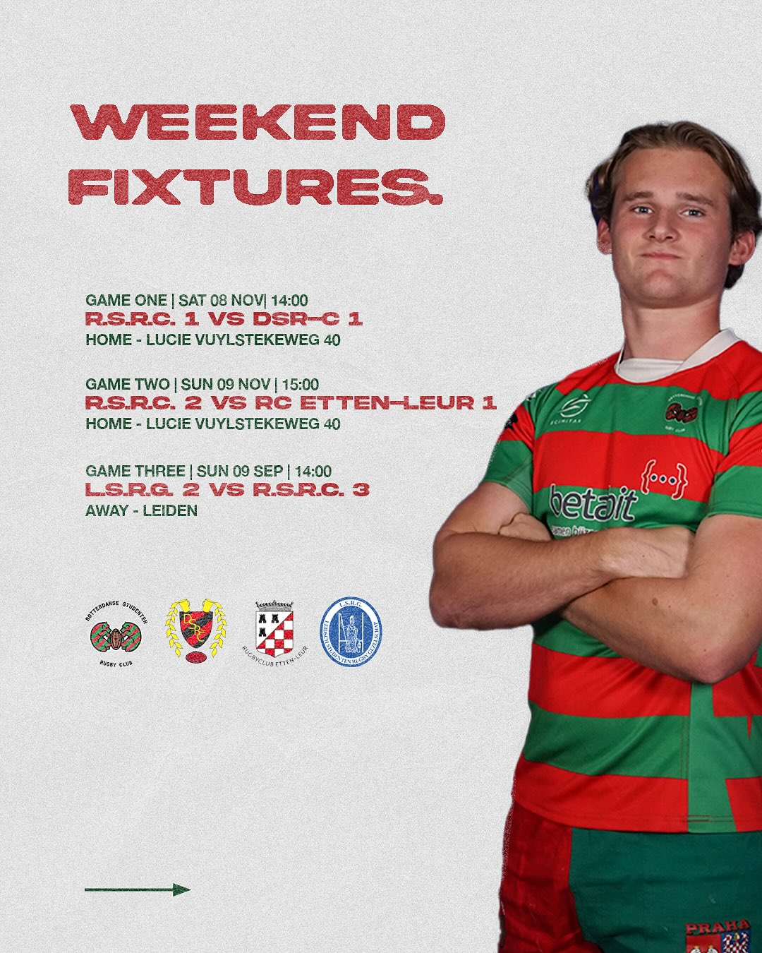 Lineups for this weekend! RSRC is ready❤️💚
•
•
•
#studentenrugby #studenten #rugby #rugbynederland #futureklasse #kralingen #bier