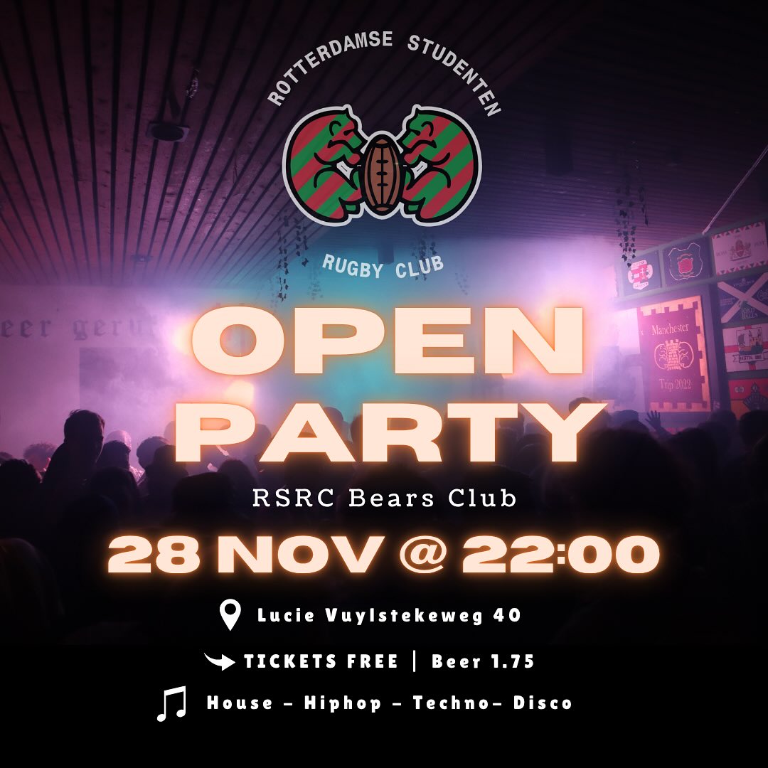 Friday,  November 28th, The RSRC is opening its doors once more for an Open Party! Classic student rugby party, no rules, just good tunes, partying your heads off and ice cold beer/bozu! Doors open at 22:00 and beer is only €1,75! Get your ticket now via the linktree in the bio❤️💚🏉
•
•
•
#RSRC #bier #Studenten #studentenfeest #openparty #openfeest #erasmus #erasmussport #erasmusuniversiteit #rugbyparty #Rugby #studentrugby #nsrb #bozu