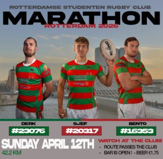 Three of our guys are taking on the Rotterdam Marathon this Sunday! The route passes right by the club, so we’re opening up the bar to cheer them on as they pass.

Get down to RSRC to catch the race, grab a beer, and help get the boys through the hard yards❤️💚
.
.
.
#rotterdammarathon #rsrc #studentenrugby #marathon