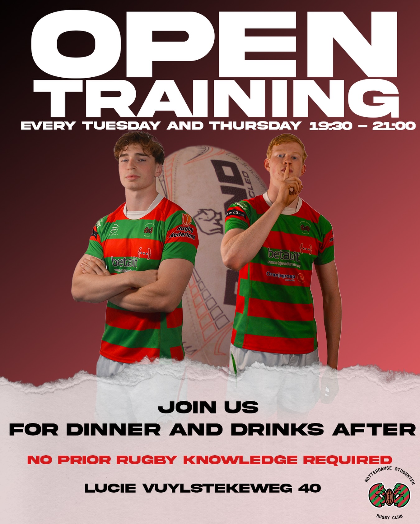 Never played rugby or grew up playing it? RSRC has 3 teams of different skill levels. Come join us free at open trainings from 19:30-21:00!