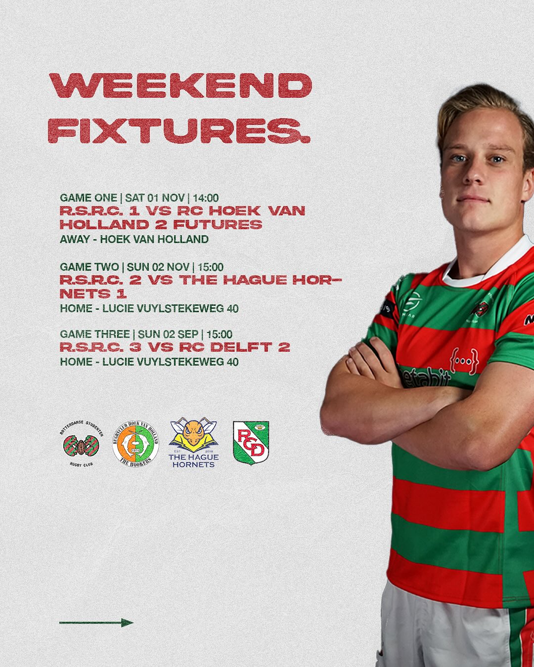 All three teams on the pitch this weekend! 1XV will be playing against the Hookers away on Saturday. 2 and 3XV will be playing home on Sunday! Come by and watch the games and support the teams❤️💚🏉
•
•
•
#rotterdamsestudentenrugbyclub #rotterdam #RSRC #Studenten #studentrugby #bier #Rugby #rugbynederland